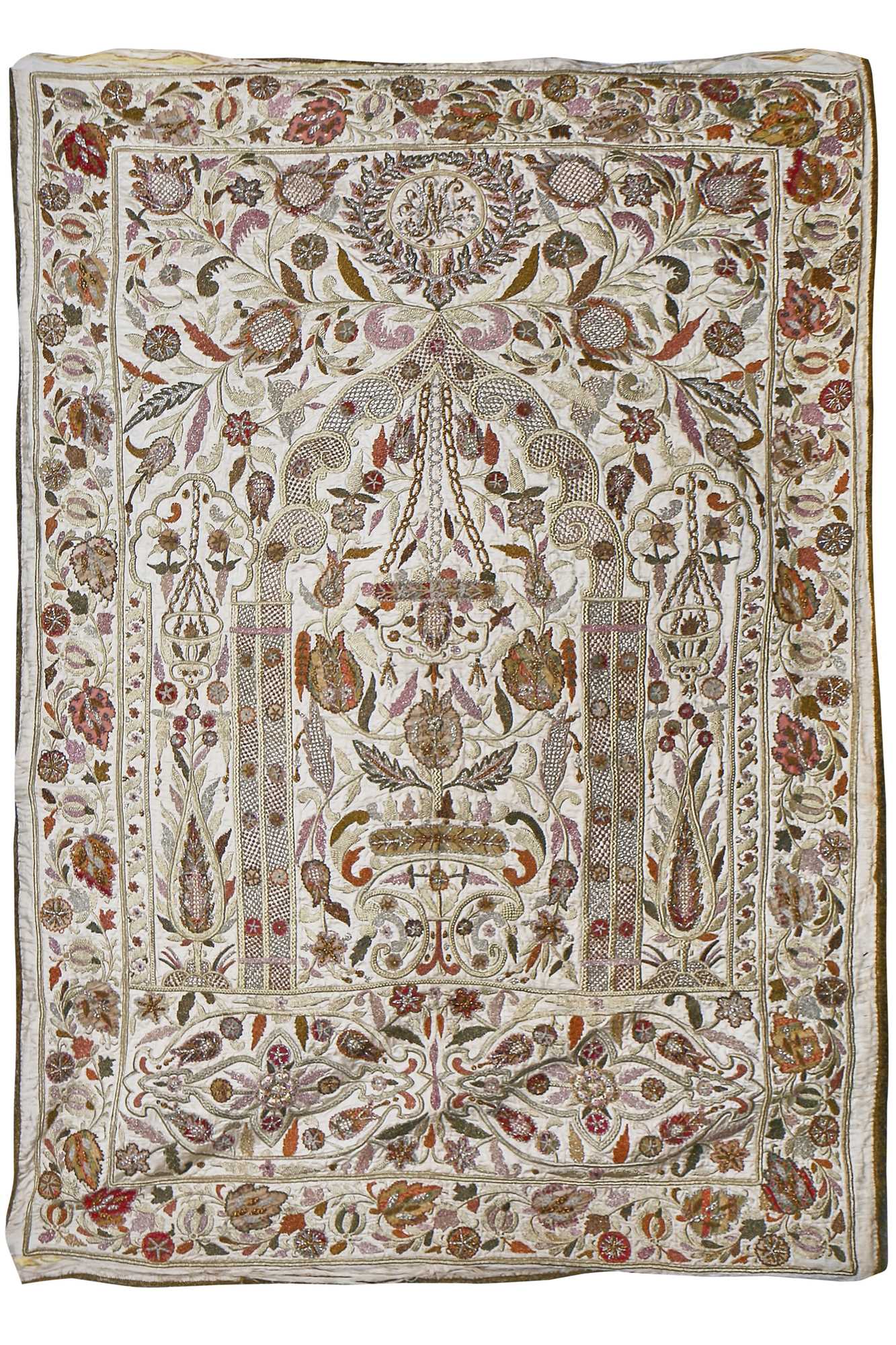 Lot 400 - A good embroidered satin Mehrab panel, Turkish, Ottoman, circa 1900