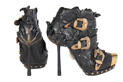 Lot 102 - Alexander McQueen by Sarah Burton black leather floral ankle boots, Spring-Summer 2011