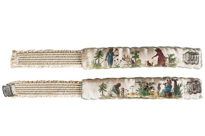 Lot 40 - A rare pair of printed and painted satin garters, 1820s
