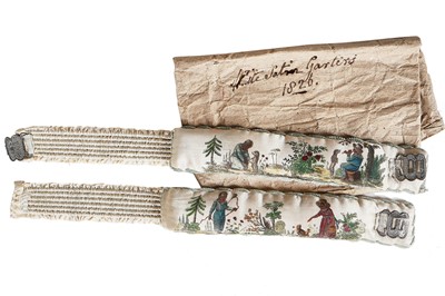 Lot 40 - A rare pair of printed and painted satin garters, 1820s