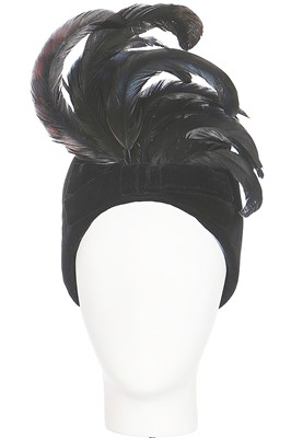 Lot 119 - A Balenciaga black velvet evening hat with cockerel cockade, circa 1965
