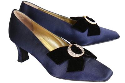 Lot 237 - A pair of Christian Dior navy satin shoes, 1980s
