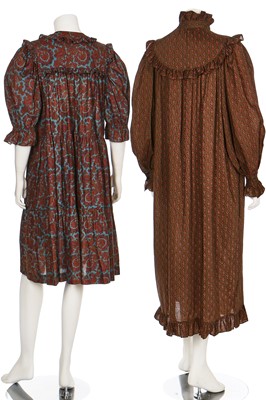 Lot 173 - Two Yves Saint Laurent printed smock-dresses in shades of brown, late 1970s