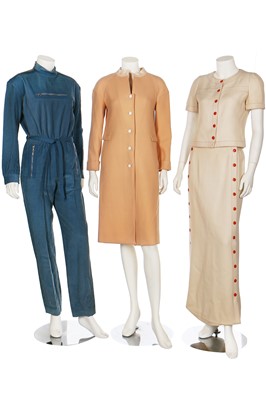 Lot 126 - A group of Courrèges daywear in mainly shades of blue, ivory and brown, late 1970s-1980s