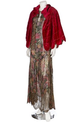 Lot 33 - A good floral printed lamé and gold-lace evening gown, mid 1930s