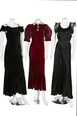 Lot 36 - Five evening gowns in purple and black, 1930s