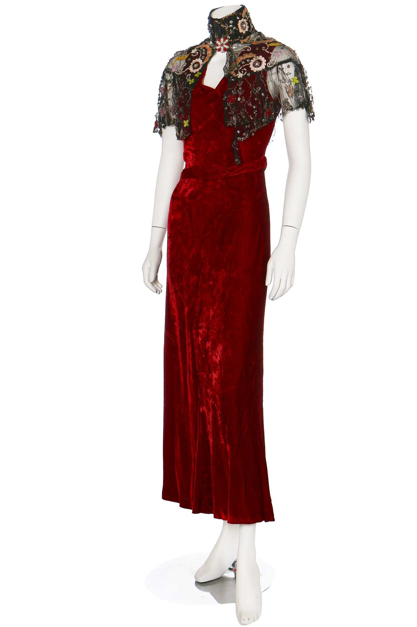 Lot 37 - A bias-cut red velvet evening gown, 1930s