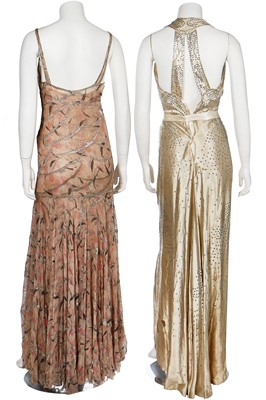 Lot 39 - Four evening gowns in shades of peach and silver, 1930s