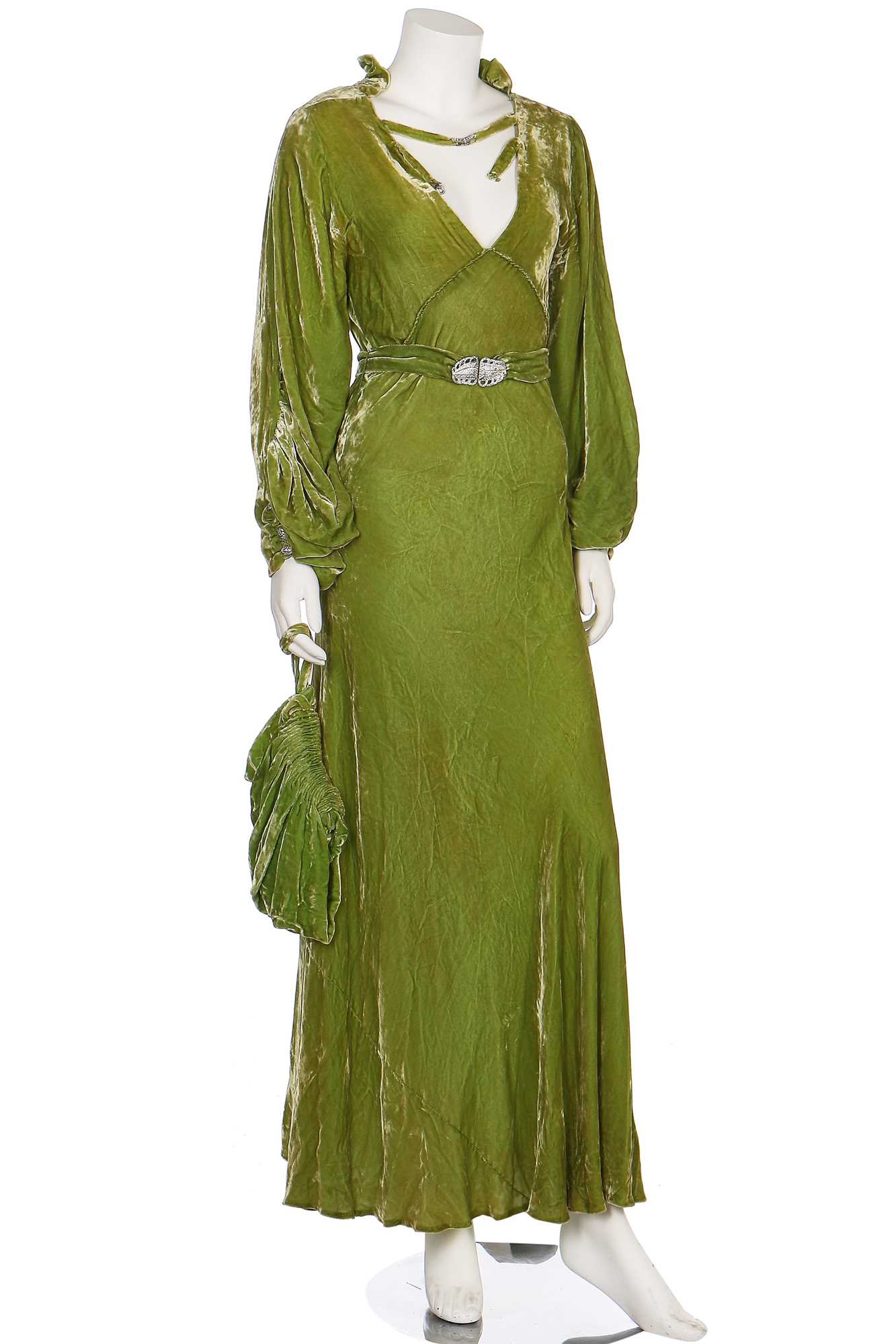Lot 41 - A bias-cut acid-green velvet evening gown, 1930s