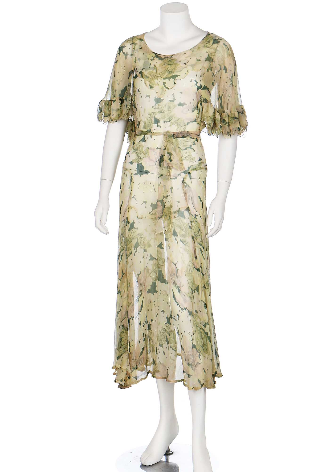 Lot 57 - Two bias-cut floral printed chiffon dresses in shades of green, 1930s