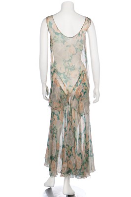 Lot 60 - Two bias-cut floral printed chiffon dresses in shades of green, 1930s