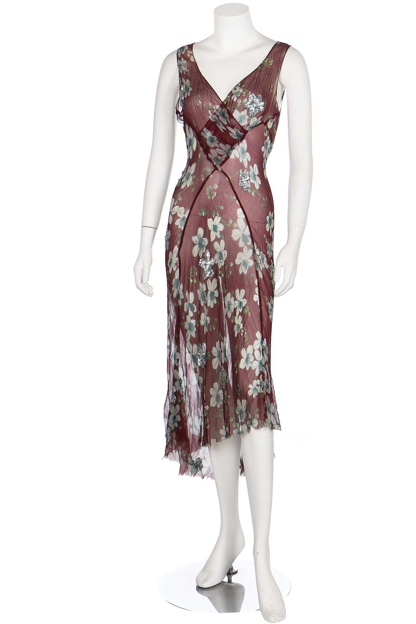 Lot 58 - Two bias-cut floral printed chiffon dresses in autumnal shades, 1930s