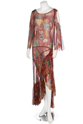 Lot 58 - Two bias-cut floral printed chiffon dresses in autumnal shades, 1930s