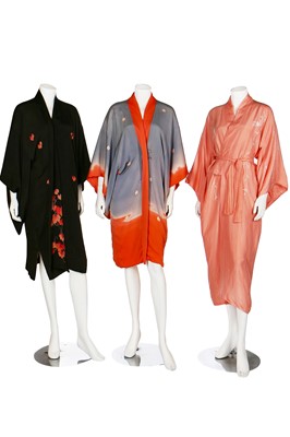 Lot 79 - A group of printed and embroidered mainly silk kimonos, 1940s-50s