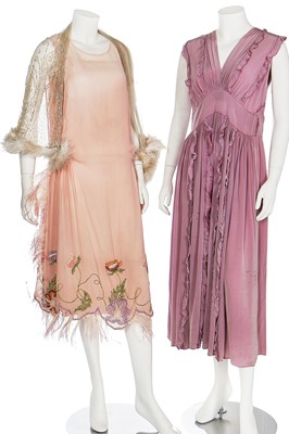Lot 7 - A blue lamé dress with draped swags and cascading iridescent-pink petals to hip, 1920s