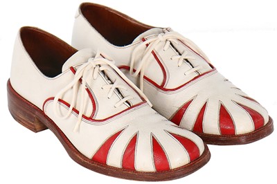 Lot 332 - A rare pair of Manolo Blahnik for Zapata men's white and red leather shoes, 1970s