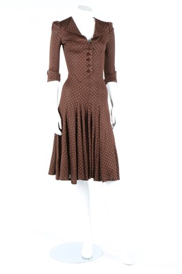 Lot 147 - A Biba 30s-inspired brown and gold spotted jersey dress, early 1970s