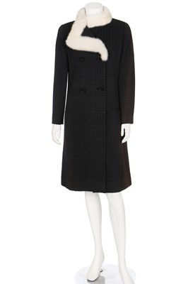 Lot 253 - A Jean Patou black basket-weave brocatelle coat, circa 1969