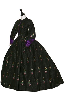 Lot 373 - A brocaded silk mourning gown, American, circa 1865