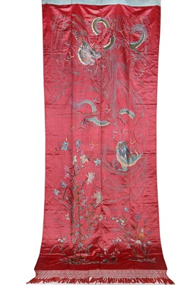 Lot 393 - A pair of embroidered rose pink satin curtain panels, Japanese for the European market, circa 1900