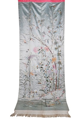 Lot 394 - A pair of ice-blue grey satin embroidered curtains, Japanese for the European market, circa 1900