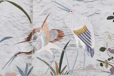 Lot 394 - A pair of ice-blue grey satin embroidered curtains, Japanese for the European market, circa 1900