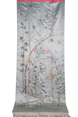 Lot 394 - A pair of ice-blue grey satin embroidered curtains, Japanese for the European market, circa 1900