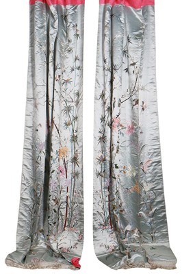 Lot 394 - A pair of ice-blue grey satin embroidered curtains, Japanese for the European market, circa 1900