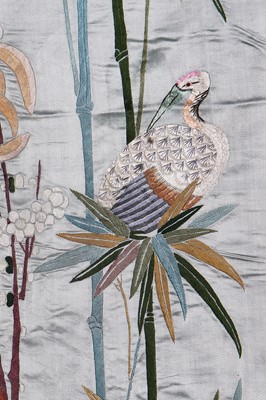 Lot 394 - A pair of ice-blue grey satin embroidered curtains, Japanese for the European market, circa 1900