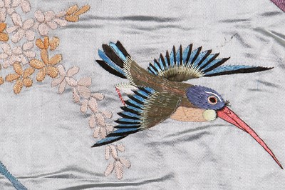 Lot 394 - A pair of ice-blue grey satin embroidered curtains, Japanese for the European market, circa 1900