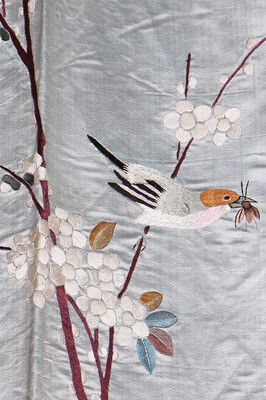 Lot 394 - A pair of ice-blue grey satin embroidered curtains, Japanese for the European market, circa 1900