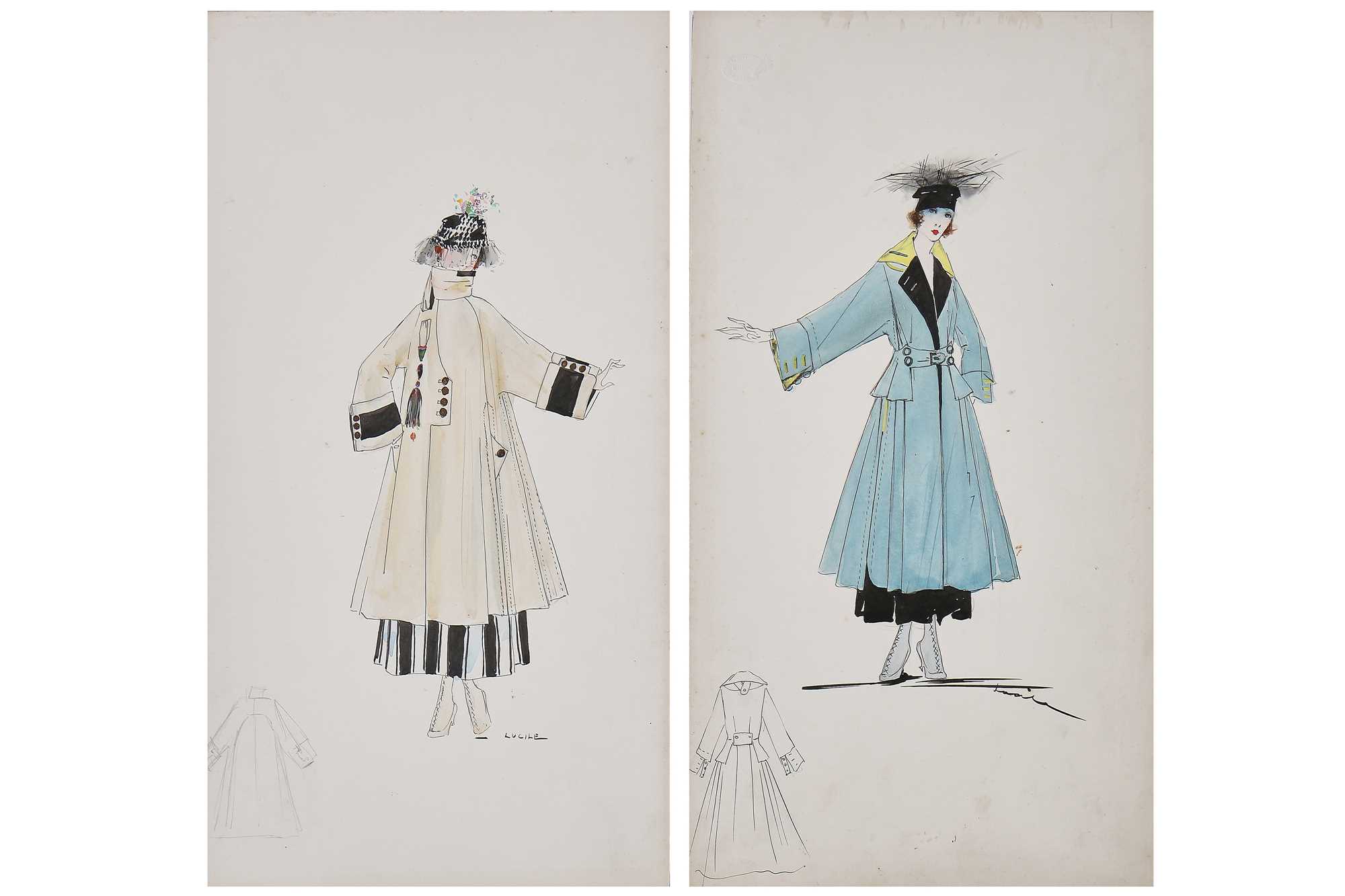 Lot 58 - Two Lucile fashion sketches for coats, 1916