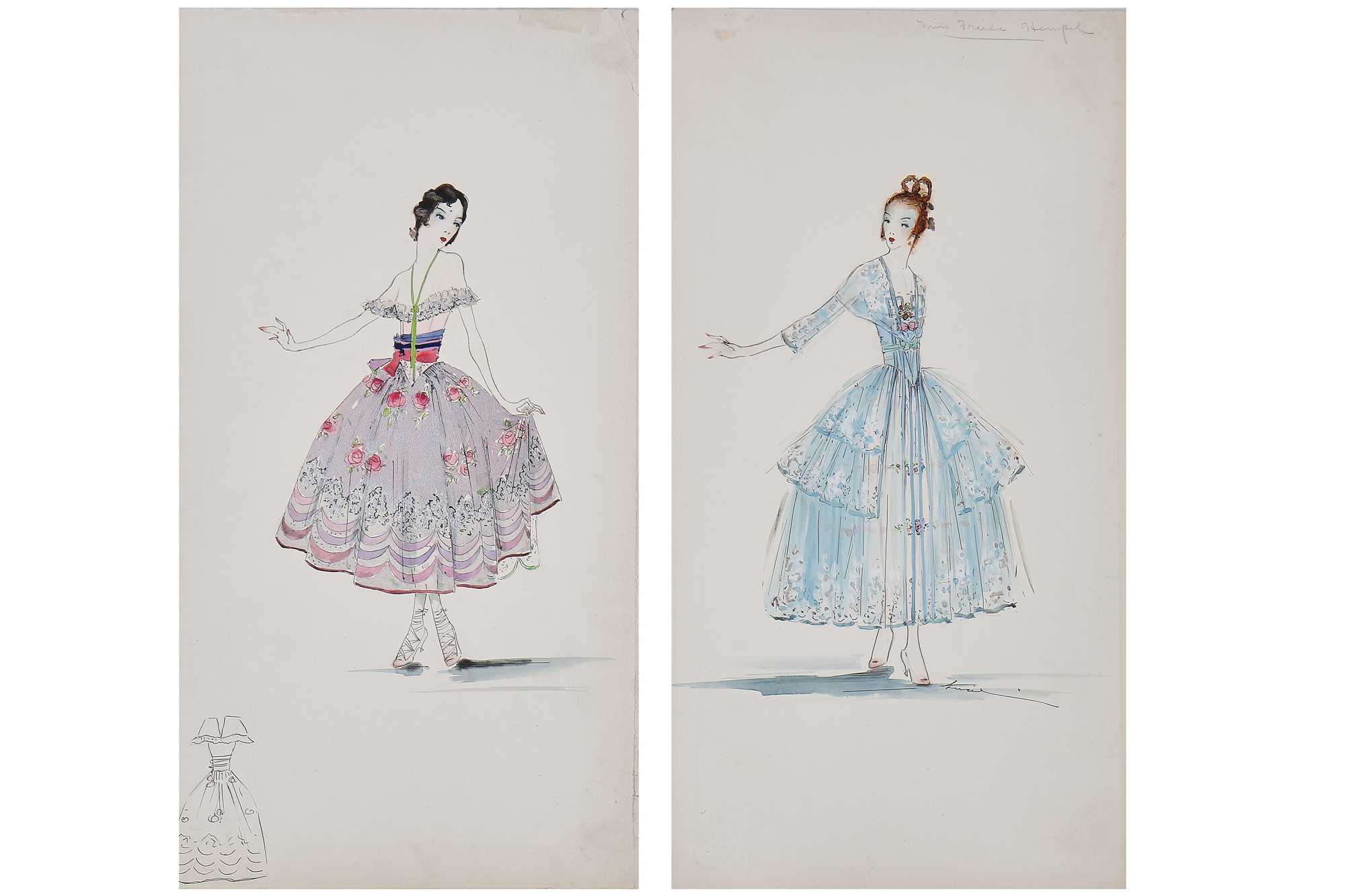 Lot 59 - Two Lucile fashion sketches for party dresses, 1916