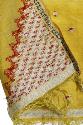 Lot 430 - A sprigged saffron yellow silk shawl, 1805-10