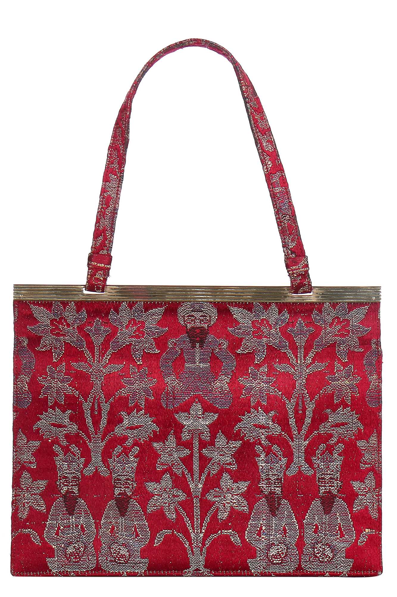 Lot 11 - A Cartier evening bag of Persian-style brocaded silk with 9ct gold frame, 1972
