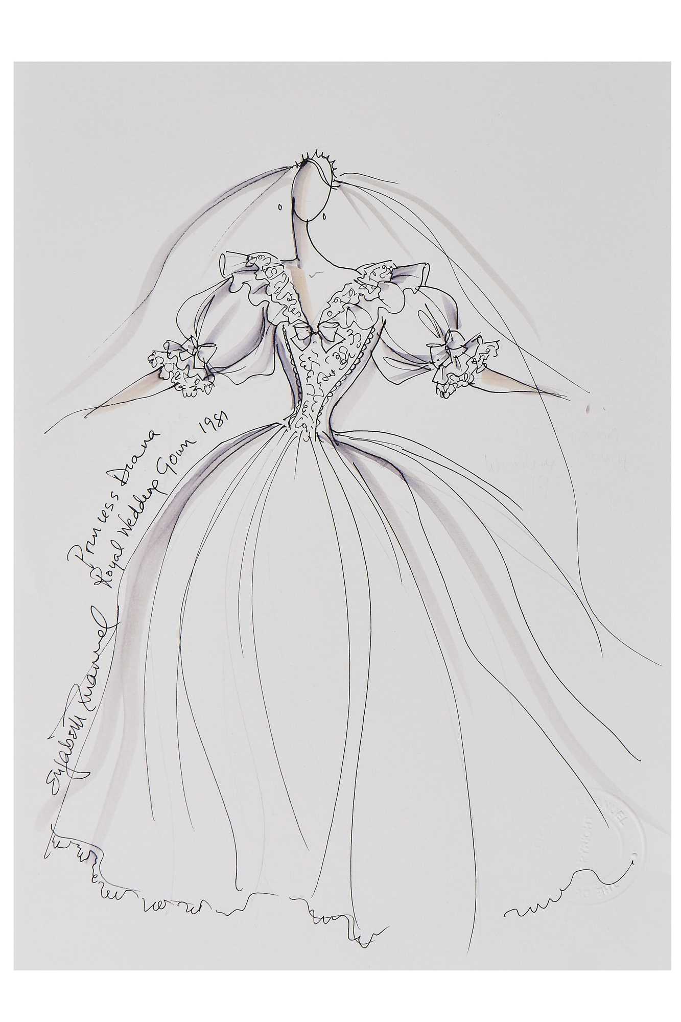 Lot 170 - Elizabeth Emanuel sketch for Princess Diana's 1981 bridal gown