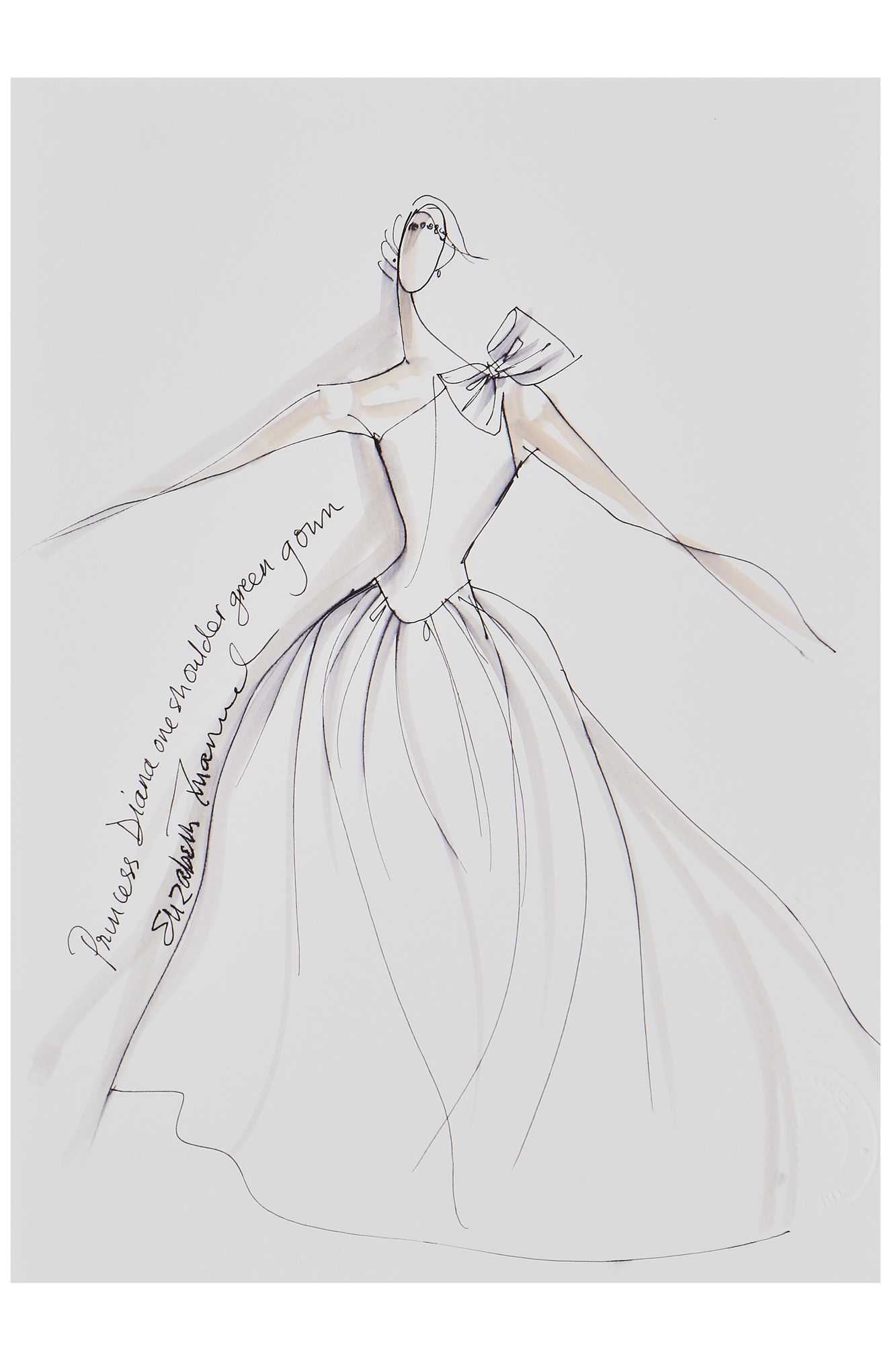 Lot 174 - Elizabeth Emanuel sketch for Princess Diana's 1985 green silk evening gown