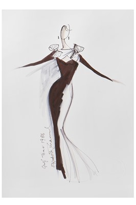 Lot 175 - Elizabeth Emanuel sketch for Princess Diana's 1986 black crêpe evening gown with bows