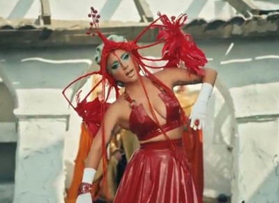 Lot 295 - A Lady Gaga-worn 'Red Bleeding' look, comprising red latex skirt by Karina Akopyan and Carapace patent leather bullet bra, 2017