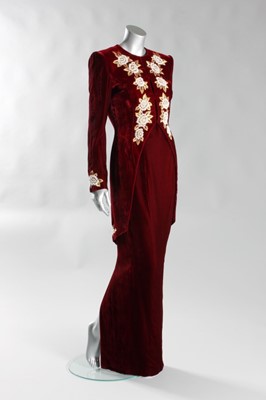 Lot 3 - A Catherine Walker burgundy velvet sheath with embroidered tailcoat