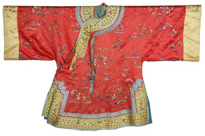 Lot 324 - An embroidered orange silk informal robe, chang-fu, Chinese, circa 1900