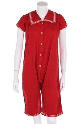 Lot 97 - A red wool-cotton bathing costume, circa 1910,...