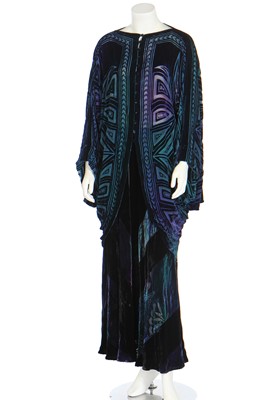 Lot 195 - A Charles and Patricia Lester silk-velvet ensemble in peacock shades, 1998