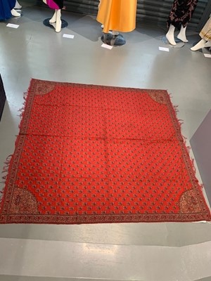 Lot 291 - A sprigged scarlet wool shawl, probably Paisley, 1830s