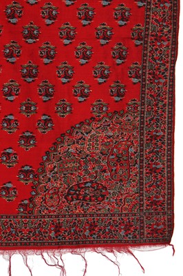 Lot 291 - A sprigged scarlet wool shawl, probably Paisley, 1830s