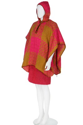 Lot 110 - A Bonnie Cashin for Sills shocking-pink and mustard-yellow woven checked wool poncho, 1960s
