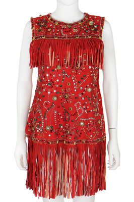 Lot 121 - A red suede leather mini-dress with fringing, late 1960s