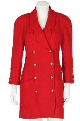 Lot 213 - A Chanel cherry-red bouclé wool double-breasted jacket, 1980s