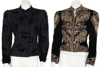 Lot 175 - An Ungaro couture beaded black faille jacket with cut-velvet flowerheads, 1980s