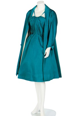 Lot 402 - Carven by Marcel Fenez - a peacock-blue cocktail ensemble, circa 1960